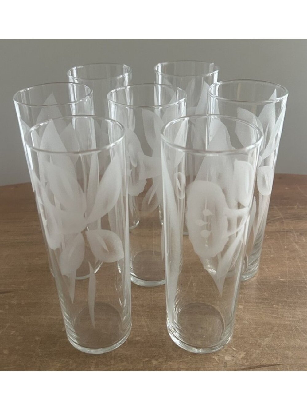 7 Vintage Libbey Clear Etched Highball Tom Collins Glasses Tropical Flower